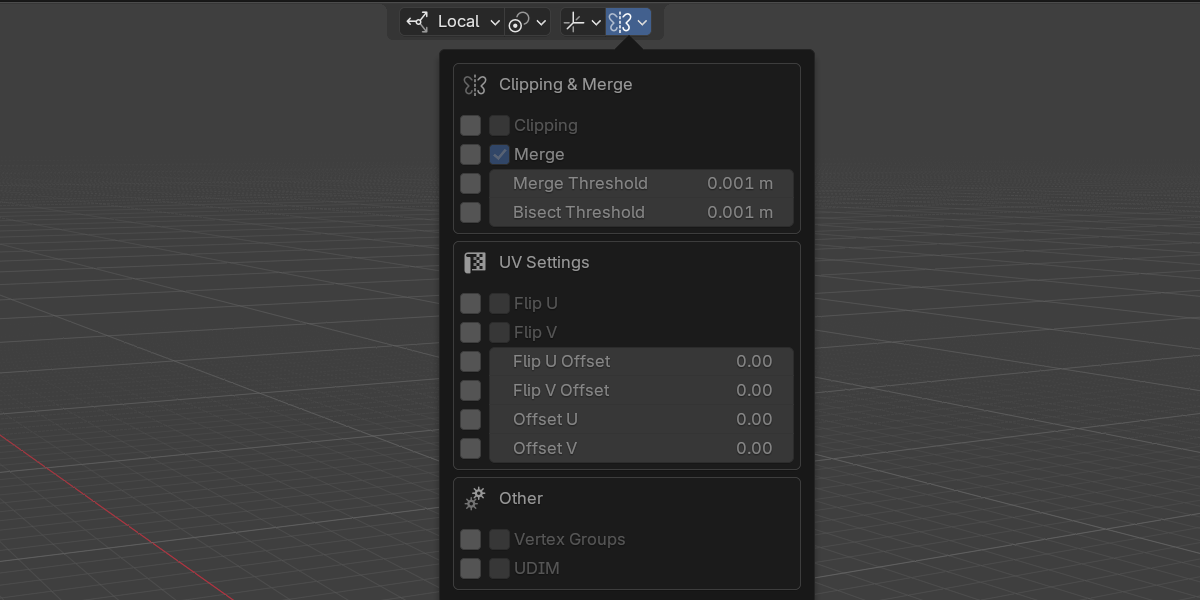Mirror modifier options popover